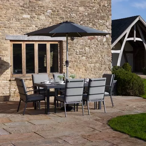 Bramblecrest Seville 6 Seat Rectangle Dining Set with Valencia Armchairs Parasol Base Codsall Wergs Wolverhampton Garden Centre Shopping