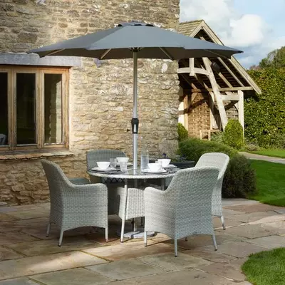 Bramblecrest Tetbury 110cm Tree-Free Round Table with 4 Armchairs,Eco, Parasol & Base - Cloud - image 1