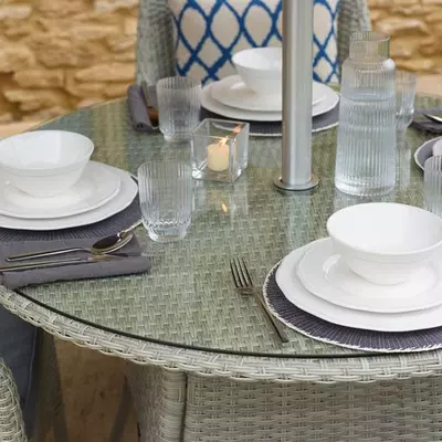 Bramblecrest Tetbury 110cm Tree-Free Round Table with 4 Armchairs,Eco, Parasol & Base - Cloud - image 3