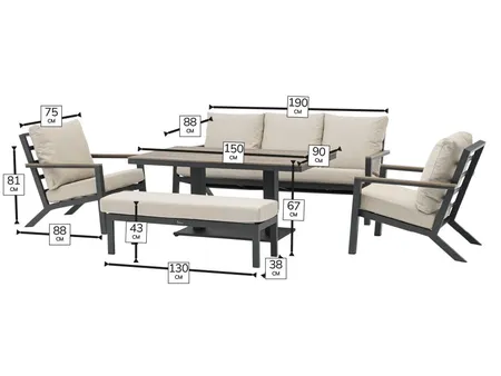 Bramblecrest Zurich Florence 3 Seat Sofa with Rectangle Piston Adjustable Table, 2 Sofa Chairs & Ben - image 3