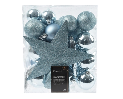 Decoris 8cm Shatterproof Baubles & Star Blue Ice - Pack of 33