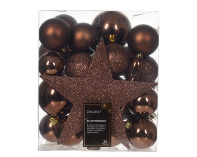 Decoris 8cm Shatterproof Baubles & Star Espresso - Pack of 33