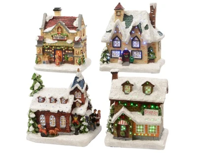 Lumineo Village Xmas Houses 4 Ass - Warm White LED