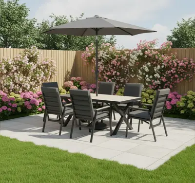 Tudor 6 Seat Reclining Dining Set with Parasol & Base